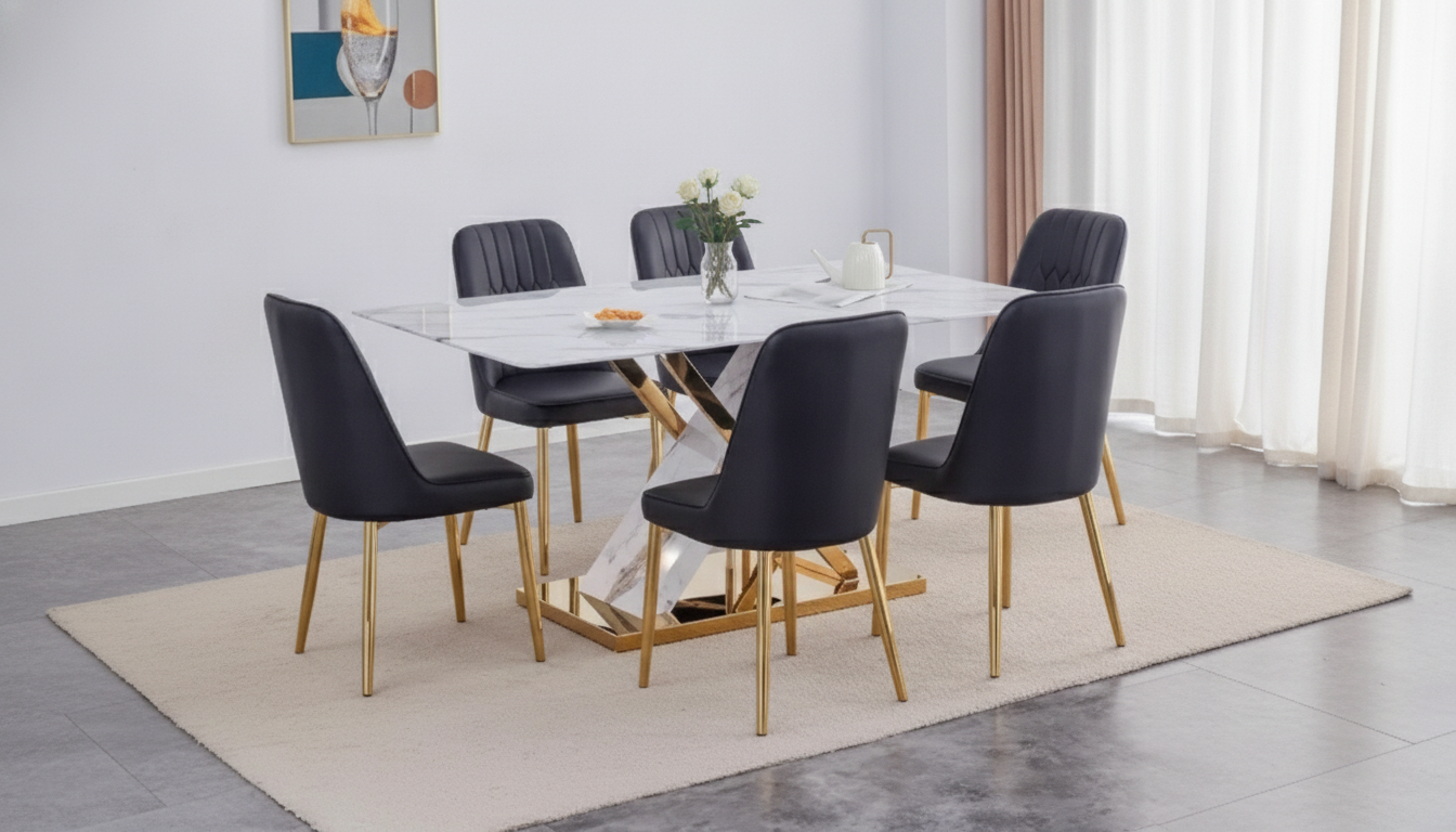 63-Inch White Faux Marble Dining Set for 6 (Modern)