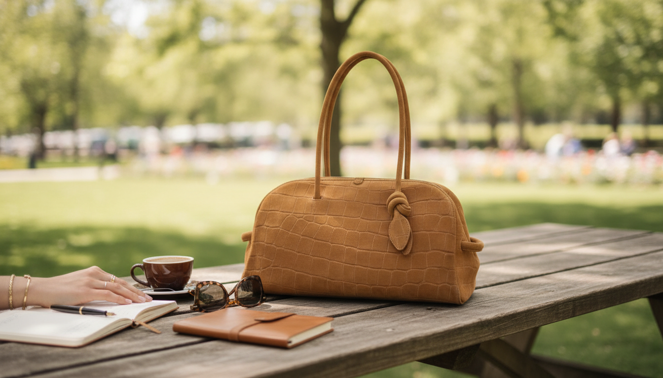 Croc-Embossed Faux Suede Bowling Bag with Bow